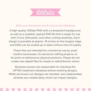 Puede incluir: Un banner rosa con el texto "littlstix". Debajo, texto que detalla los archivos digitales incluidos: un PNG de 300 ppp con fondo transparente y un archivo SVG escalable, cada uno de aproximadamente 40.6 cm en el lado m&aacute;s largo.