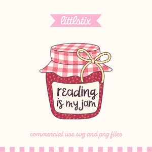 Könnte beinhalten: Cartoon-Illustration eines Einmachglases mit rot-weiß kariertem Deckel und gelber Schleife. Das Glas ist rot mit weißen Punkten und trägt die Aufschrift "reading is my jam" auf einem weißen Etikett.