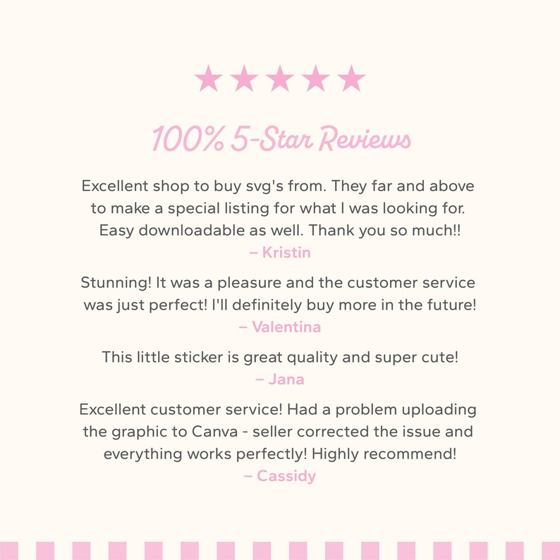 Puede incluir: Gr&aacute;fico rosa claro con texto "100% 5-Star Reviews" y testimonios de clientes. El dise&ntilde;o incluye estrellas rosas y un borde a rayas rosa y blanco en la parte inferior.
