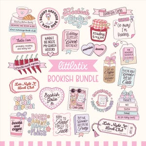May include: A collection of pink and white stickers and illustrations with a bookish theme. Includes text like "Bookish Girlie", "Books are my happy place", and "Late Night Book Club". Features coffee cups, books, and hearts.
