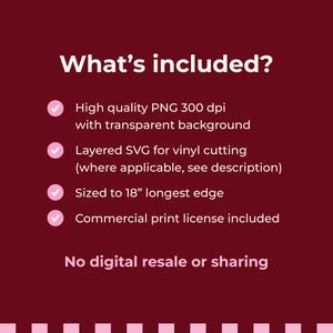 May include: A maroon digital information graphic with white text titled What's included? listing features: High quality PNG 300 dpi with transparent background, Layered SVG for vinyl cutting, Sized to 18" longest edge, Commercial print license included, No digital resale or sharing.