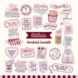 May include: A collection of pastel-colored stickers featuring book-themed illustrations and text including "Bookish Girlie," "Coffee Read Repeat," "Reading is my jam," "Late Night Book Club," "Emotional Support Kindle," and "Books are my happy place."