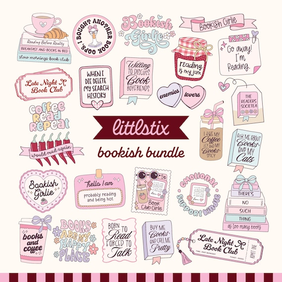Pink Book Lover PNG SVG Bundle, Bookish Girlie Stickers (Digital Download)