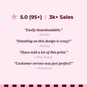 May include: A light pink graphic featuring a five-pointed star, a 5.0 rating with 95+ reviews, and 3k+ sales. It includes four customer testimonials: "Easily downloadable." by Kristin, "Detailing on this design is crazy!" by Ashley, "Have sold a lot of this print." by Etsy Buyer, and "Customer service was just perfect!" by Valentina.
