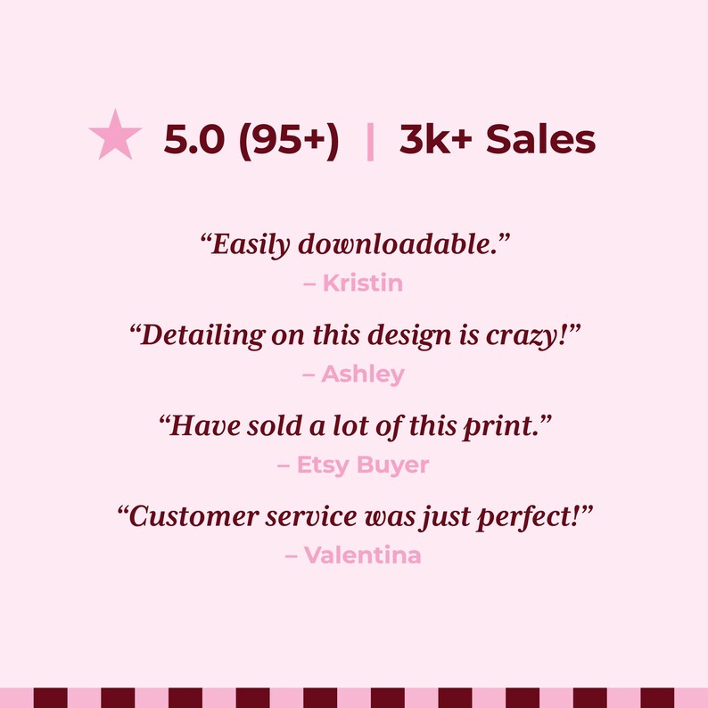 May include: A light pink graphic featuring a five-pointed star, a 5.0 rating with 95+ reviews, and 3k+ sales. It includes four customer testimonials: "Easily downloadable." by Kristin, "Detailing on this design is crazy!" by Ashley, "Have sold a lot of this print." by Etsy Buyer, and "Customer service was just perfect!" by Valentina.