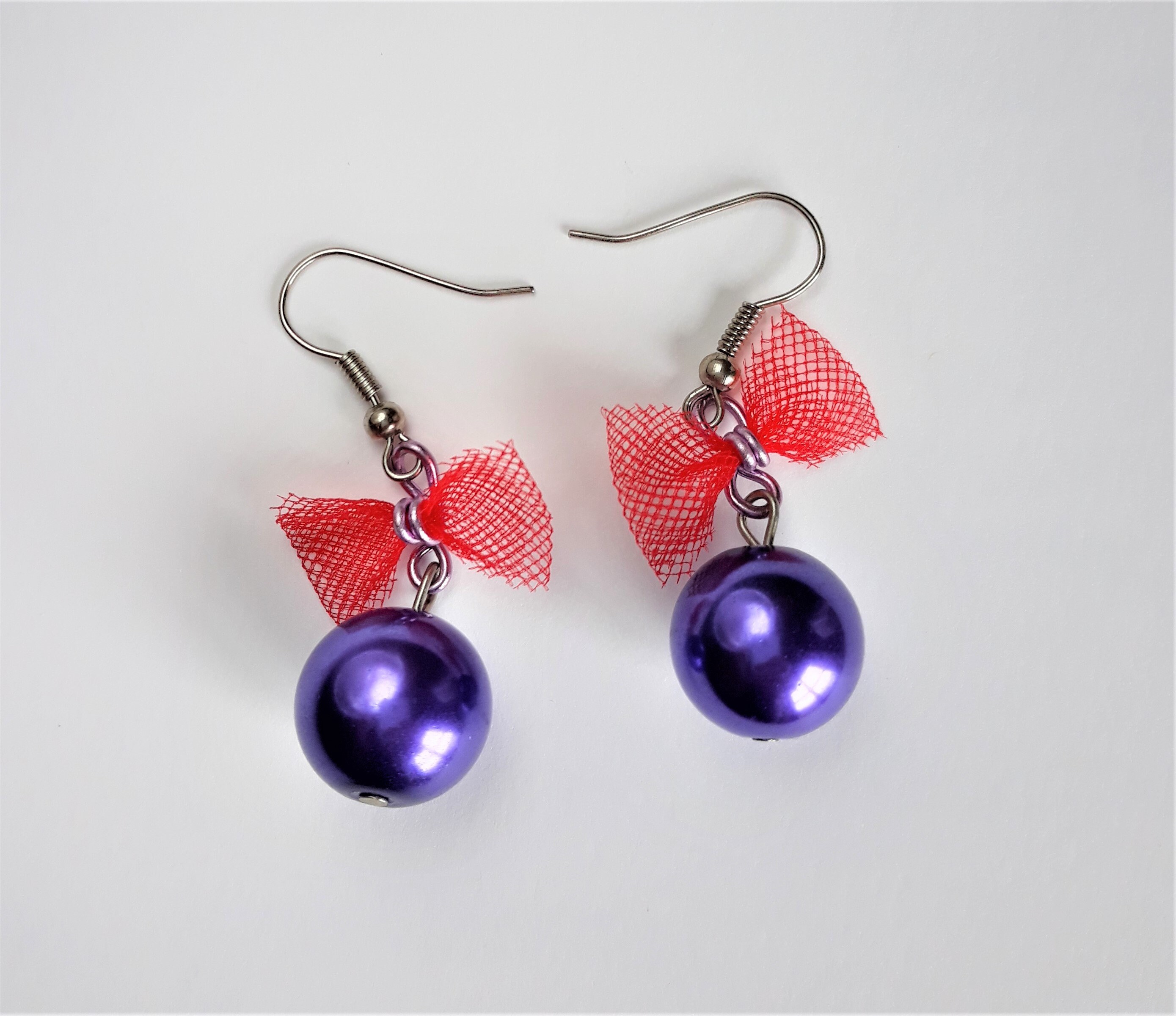 Bow Pearl Earrings, Tulle Earrings, Bow Earrings, Pearl Pink