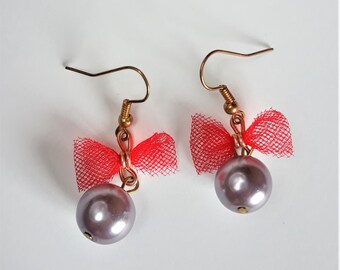 Bow pearl earrings, tulle earrings, bow earrings, pearl pink, pearl white, earrings handmade, tulle jewelry, bow jewelry, pearl earrings