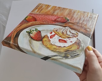 Strawberries painting, beignets, strawberry gifts, kitchen painting, strawberry art, painting strawberry, canvas painting, dessert painting