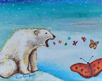 Bear painting, bear artwork, mini bear, mini butterfly painting, bear Island, bear miniature, bear painting canvas, bearroom decor, bear art