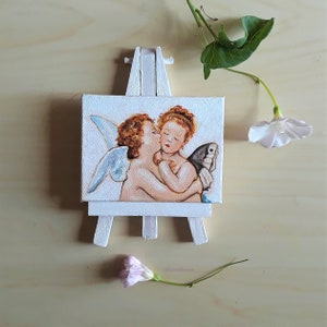 Cupid and Psyche, Bouguereau, Cupid, eros and Psyche, Cupid painting, Tiny painting on canvas, mini canvas and easel, lovers painting, love