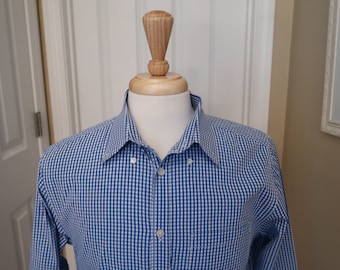 Vintage Mens Gingham Blue 100% cotton Dress Shirt US Mens Medium bold in color but still has that classic gingham look you know and love.