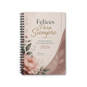 Könnte beinhalten: Ein spiralgebundenes Notizbuch mit floralem Design und den Worten "Felices Para Siempre" in goldener Schrift. Das Cover zeigt eine Illustration im Aquarellstil von rosa Pfingstrosen und grünen Blättern, mit dem Jahr 2026 und dem Wort "Nombre".