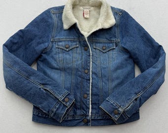 Vintage Abercrombie Fitch Womens S Small Sherpa Lined Denim Jacket Blue Y2K
