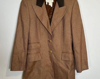 Escada Cashmere Silk Brown Herringbone Blazer Gold Button Suede Vintage Sz 34 S