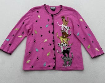 Vtg BEREK Womens M Medium Pink Cat Fish Applique Button Front Cardigan Sweater