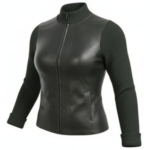 Puede incluir: Chaqueta de cuero negra con mangas de punto verde oscuro y cuello a juego. La chaqueta tiene una cremallera completa y un corte entallado, adecuada para diversas ocasiones.