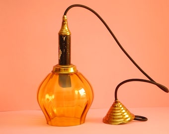Vintage Amber Glass Pendant Light - Deco Brass Ceiling Lamp