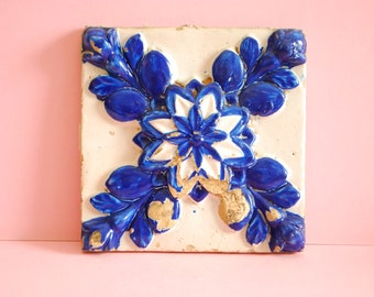 Ceramic Tile Wall Art | Genuine Vintage Portuguese Tile Panel Mural | Antique Traditional  High Relief Blue White Azulejos Portugal 19th