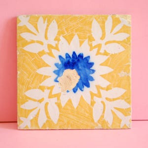 Vintage genuine Portuguese tiles, from the beginning of the 20th century. Original antique pattern tile. Antique azulejo Yellow White Blue