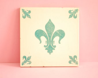 Vintage tile | Genuine Portuguese tile | Original antique pattern tile, decal green fleur de lys. Azulejo Portuguese.