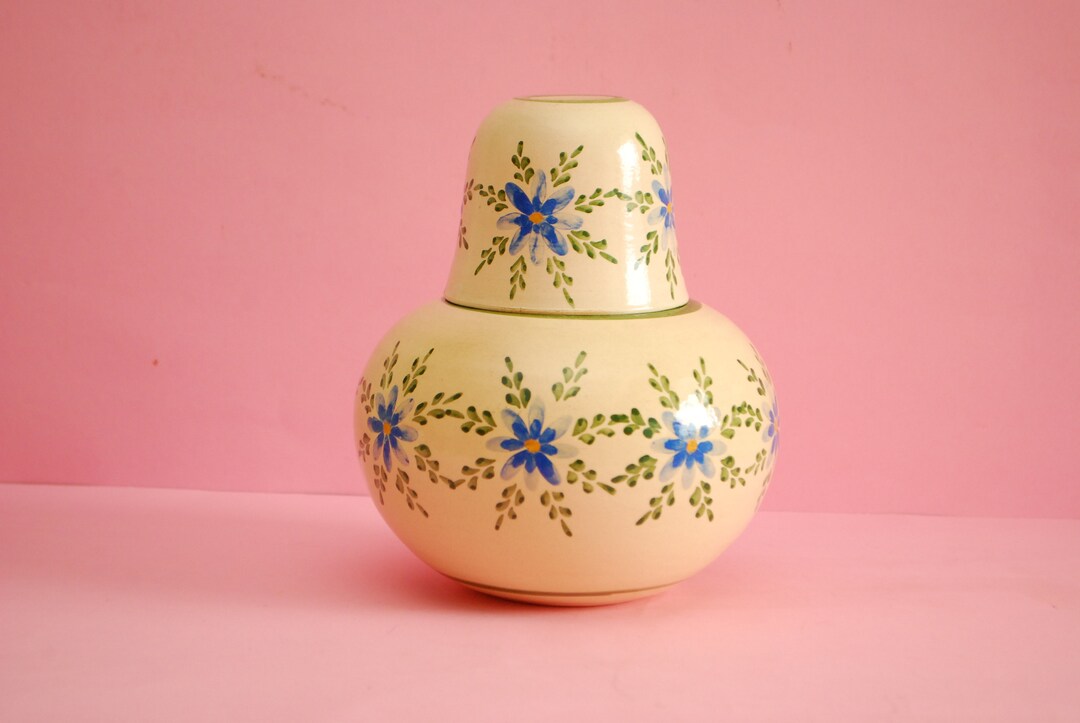 Vintage Ceramic Water Jar and Cup Antique Night Stand Water Jug