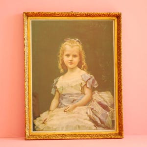 Antique wooden picture frame with print &quot;Portrait of a little girl, Raimundo Madrazo y Garreta&quot; | Vintage Wooden gilded carved frame |