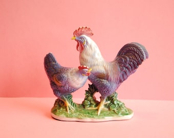 Vintage Hahn und Henne | Antike Keramik Figur Tiere vom Bauernhof Sammlerstück