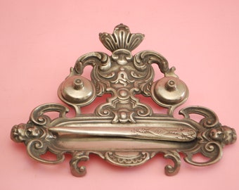 Antique inkwell pewter, 97% pewter. Vintage Victorian inkwell, Double Inkwell pewter with paper knife.