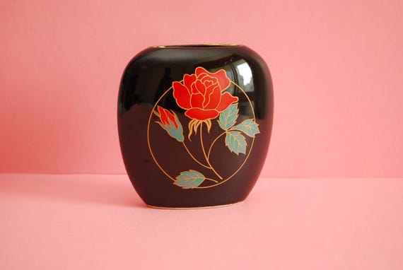 Vintage Japanese Porcelain Flower Vase Crimson Rose. | Antique