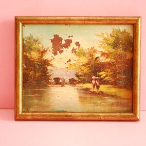 Antique small wooden frame with Landscape oil painting on canvas , Riverscape | Vintage rectangular picture frame with painting.