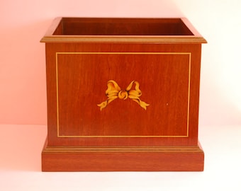 Vintage wooden cache-pot, flowerpot | Antique wooden planter with ribbon bow inlaid.