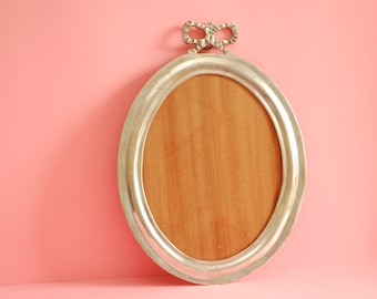 Antique Oval Pewter Picture Frame with Bow