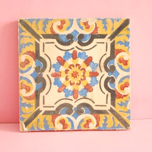 Vintage Tile | Genuine Vintage Portuguese Tile | Antique Traditional  Azulejo Pattern, Black blue yellow red Hand Painted Ceramic