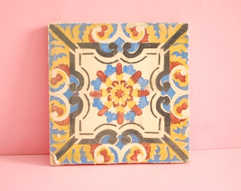 Vintage Tile | Genuine Vintage Portuguese Tile | Antique Traditional  Azulejo Pattern, Black blue yellow red Hand Painted Ceramic