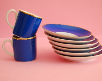 ヴィンテージ ヴィスタ アレグレ コーヒーカップセット：ブルー＆ゴールド 磁器、6個セット