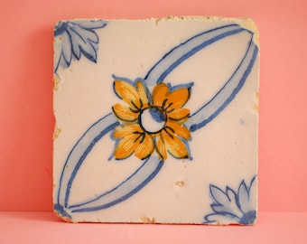 19th Century Antique Tile | Genuine Vintage Portuguese Tile | Mural Traditional Azulejo | Pattern Hand Painted Azulejo Ceramic Flower