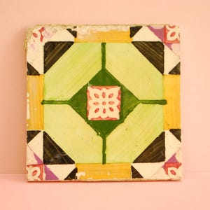Decorative Portuguese Vintage Tile | Traditional Azulejo | Hand Painted Azulejo Ceramic | Genuine Vintage Tile | Green Lilac Black