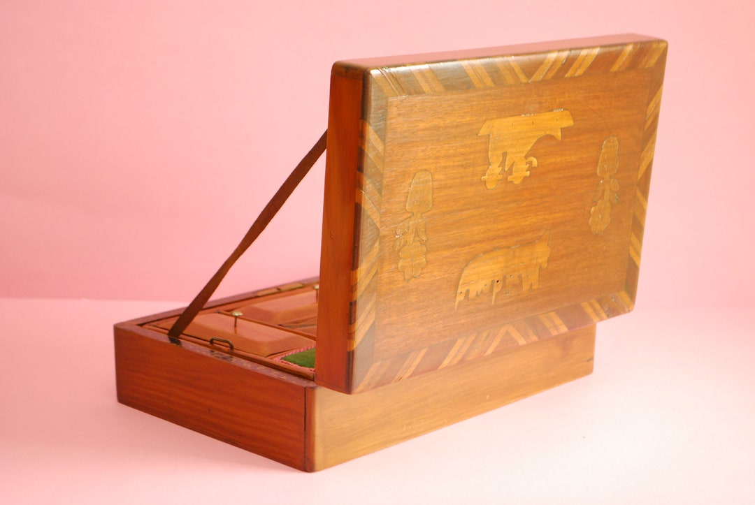 Antique Sewing Box Vintage Inlaid Wooden Box Trinket Ring Etsy
