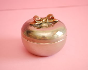 Vintage Chrome Jewelry Box: Round Trinket Box with Bow