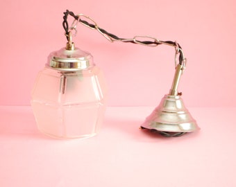 Vintage Deco Chromglas Pendelleuchte - Industrielle Deckenlampe