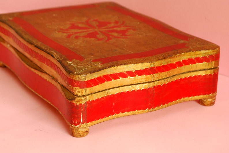 Footed vintage wooden box red gold Victorian wooden Jewelry Box Ring Box Vintage gilded wooden Box Trinket Antique wooden gilded box