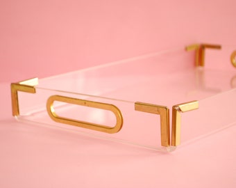 Vintage Acrylic Serving Tray: Mid Century Plastic Tray with Brass