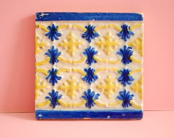 Ceramic Tile Wall Art | Genuine Vintage Portuguese Tile Mural | Antique Traditional  High Relief Blue Yellow Azulejos Portugal 19th