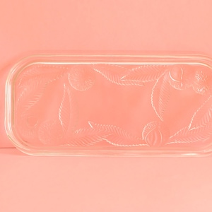 May include: A clear, rectangular glass dish with rounded corners, featuring an embossed feather design. The dish is set against a solid coral-colored background, creating a simple and elegant presentation. Ideal for serving or display.