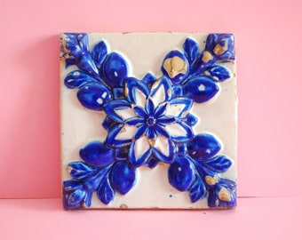 Ceramic Tile Wall Art | Genuine Vintage Portuguese Tile Panel Mural | Antique Traditional  High Relief Blue White Azulejos Portugal 19th
