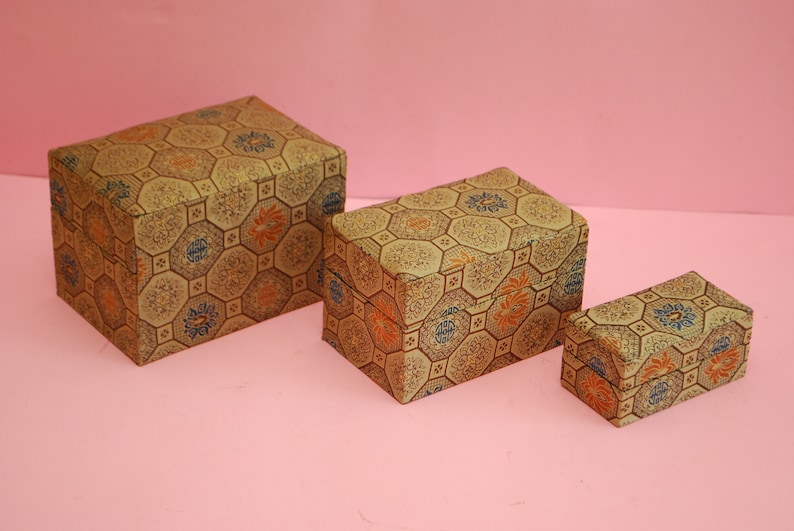 Set of three vintage boxes, jewelry antique box. Antique fabric Set of three vintage boxes, jewelry antique box. Antique fabric