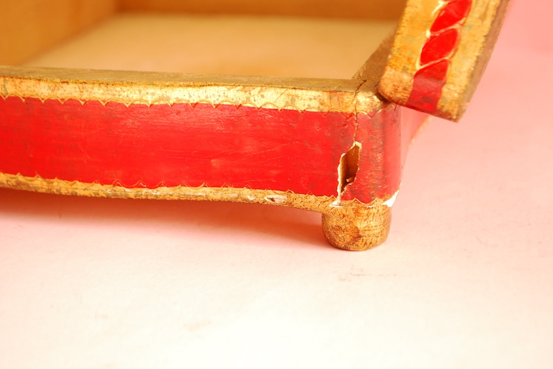 Footed vintage wooden box red gold Victorian wooden Jewelry Box Ring Box Vintage gilded wooden Box Trinket Antique wooden gilded box