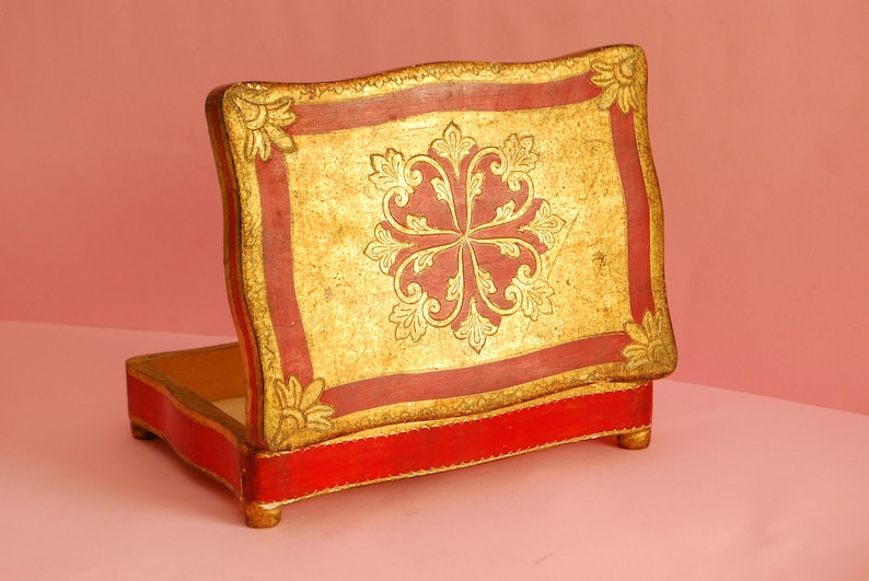 Footed vintage wooden box red gold Victorian wooden Jewelry Box Ring Box Vintage gilded wooden Box Trinket Antique wooden gilded box