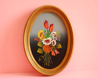 Antique acrylic Picture Frame | Vintage Plastic Frame | Vintage flowers painting | Golden picture frame | Oval Picture Frame