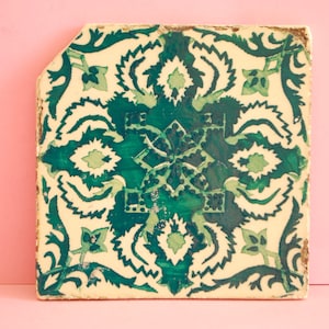Vintage Tiles | Genuine vintage Portuguese tile |  Antique traditional Azulejos Pattern Hand Painted Azulejo Ceramic green